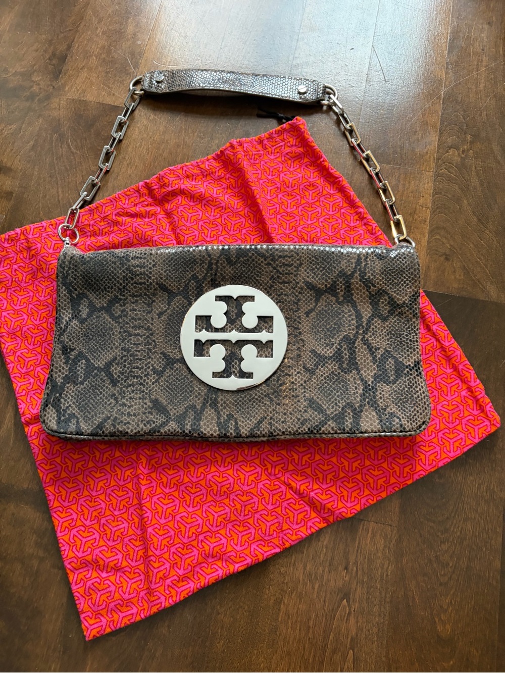 Tory Burch Snake-Print Leather Shoulder Bag with Logo Medallion